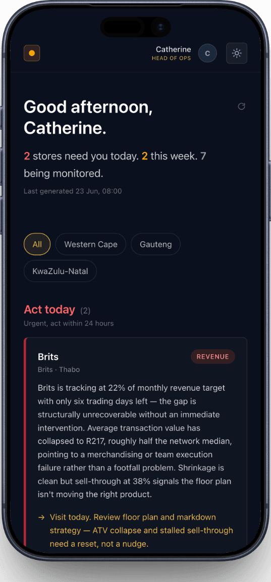 Store Health Radar dashboard: two stores need attention today